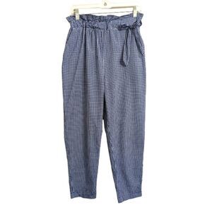 Zara Woman Blue White Gingham Cropped Pants High Rise Elastic Waist Bow Casual S